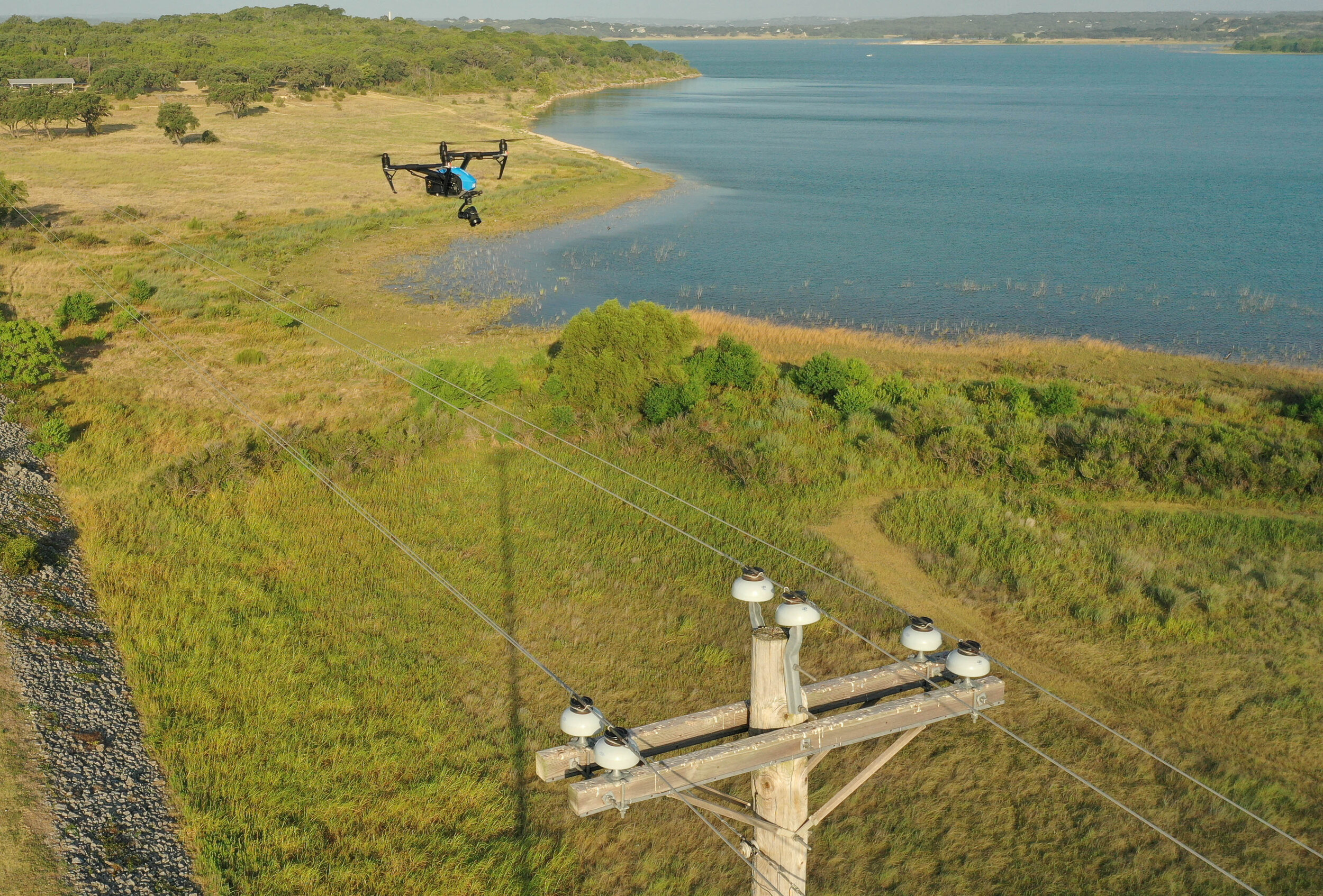 Air time: A drone inspects the lines for maintenance and reliability. Photo: Pedernales Electric Cooperative